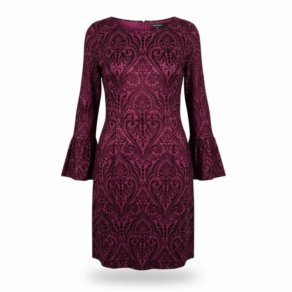 Madison Leigh Burnout Velvet Dress Size 10 Burgundy Damask Bell Sleeve